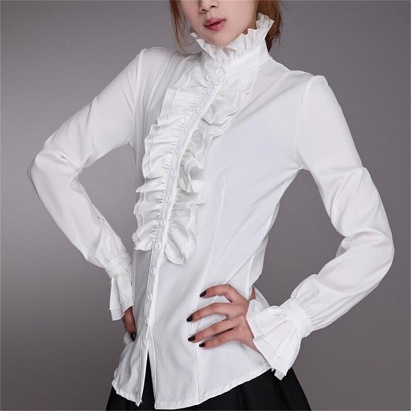 

Fashion Victorian Women OL Office Ladies White Shirt High Neck Frilly Ruffle Cuffs Shirts Female Blouse Autumn 220813