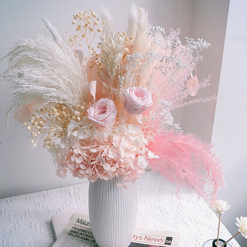 

Immortal Hydrangea Forever Rose Babys Breath Natural Dried Flower Bouquet Home Decoration Living Room Ins Reed Room Decor Gifts, White