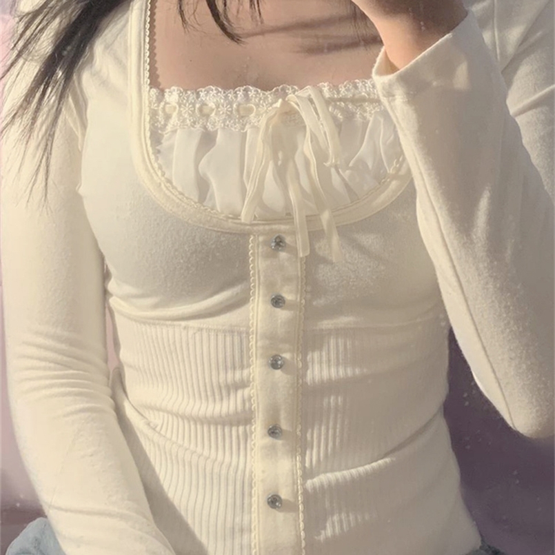 

Rapcopter Y2K Sweet Cute Crop Top Lace Frill Bow Pullovers Vintage Square Collar T Shirt Women Skin Button Prepply Korean Tees 220728, Grey