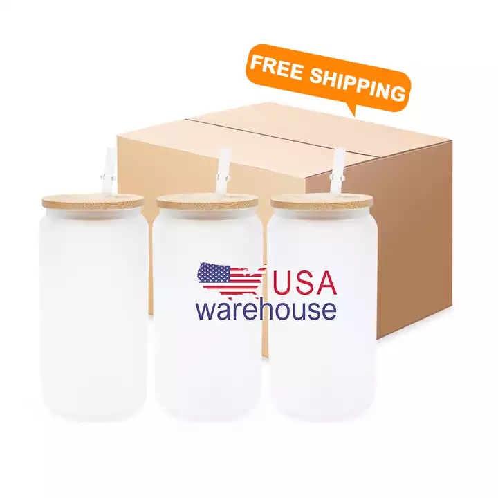 

US STOCK Sublimation 12oz 16oz Gradient Glass Cups Can Glass Tumbler with Bamboo Lid Straw Beer Iridescent Mug Transparent Frosted Soda Drinking Cups, Clear