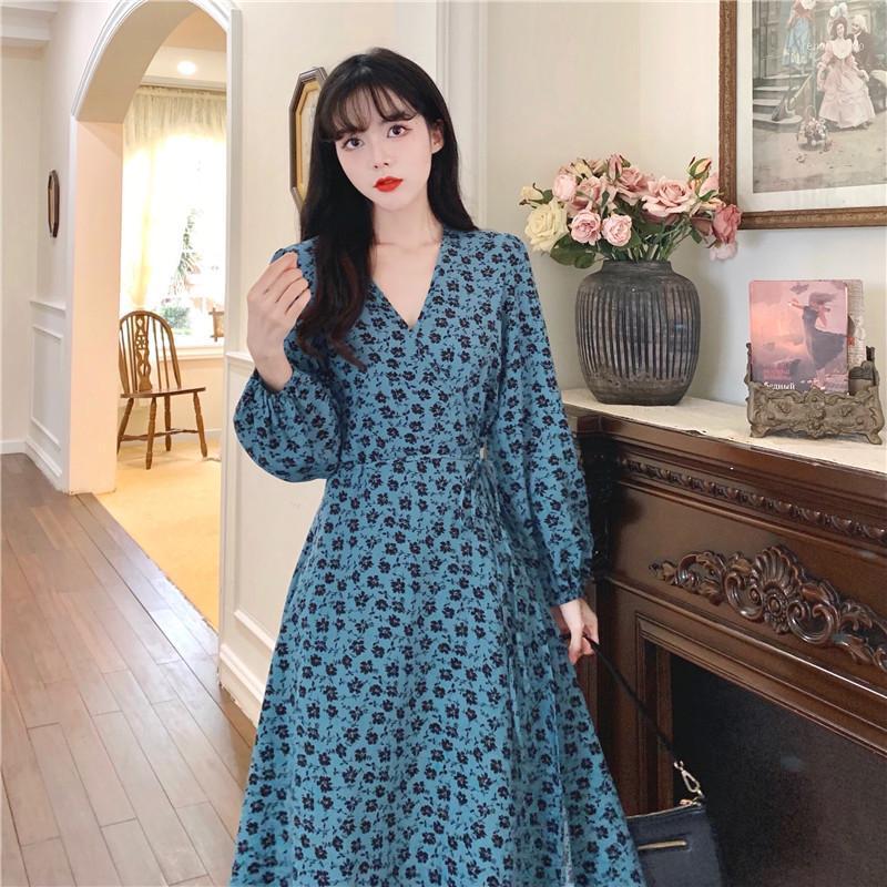 

Casual Dresses Sweet Blue Floral Long Sleeved Midi Plus Large Size Oversize Korean Fashion Kawaii Women'S Elegant Autumn 2022