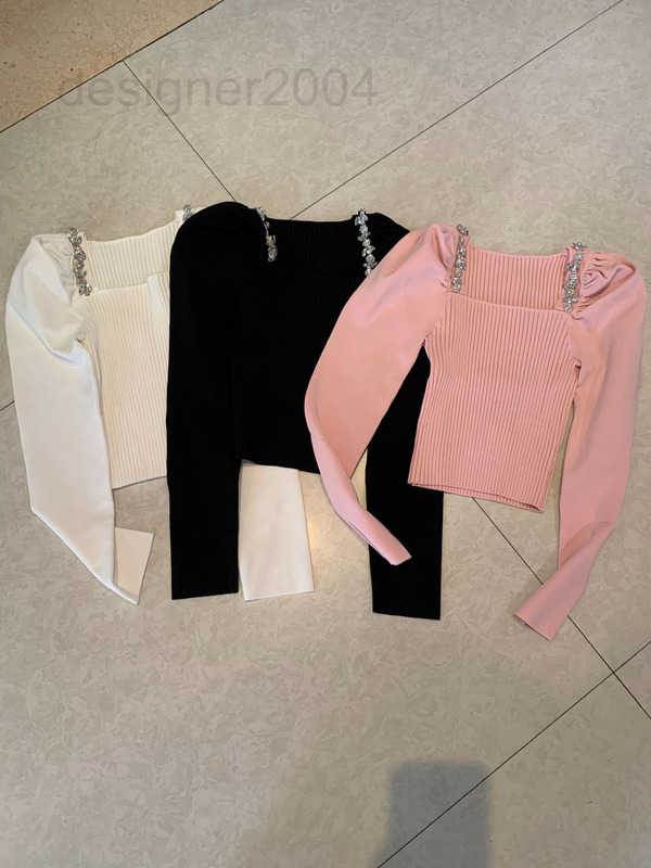 Women's Sweaters designer 2022 balman knitted slim straight neck ice silk studded diamond bottomed sweater navel exposed short bubble sleeve
