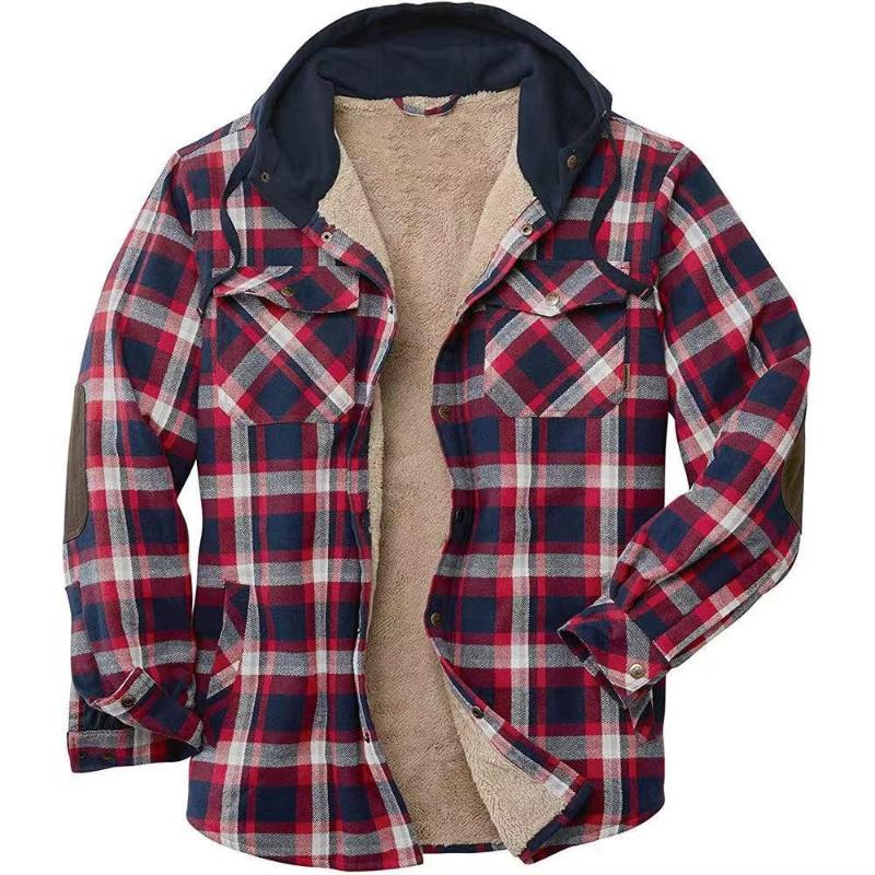 

Men's Dress Shirts Plaid Long Sleeve Plus Velvet Buttoned Shirt, Winter Windproof And Warm Jacket, Green