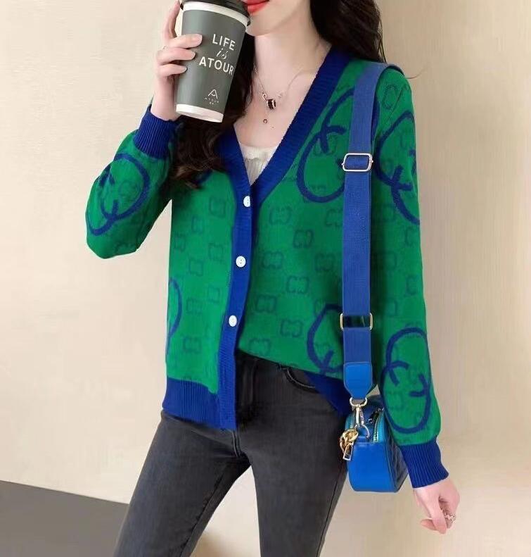 

Fashion Women Sweaters Knit Designer V-neck print knitted cardigan girl Stitching color long-sleeved Sweater coat Autumn Winter Sweat Coats Size S-2XL, 04