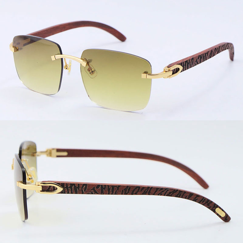 

Wholesale High quality Metal Rimless Large Square Sunglasses Carved Wood Unisex Decor Wooden Frame C Decoration 18K Gold Brown Sun Glasses UV400 Lenses Adumbral
