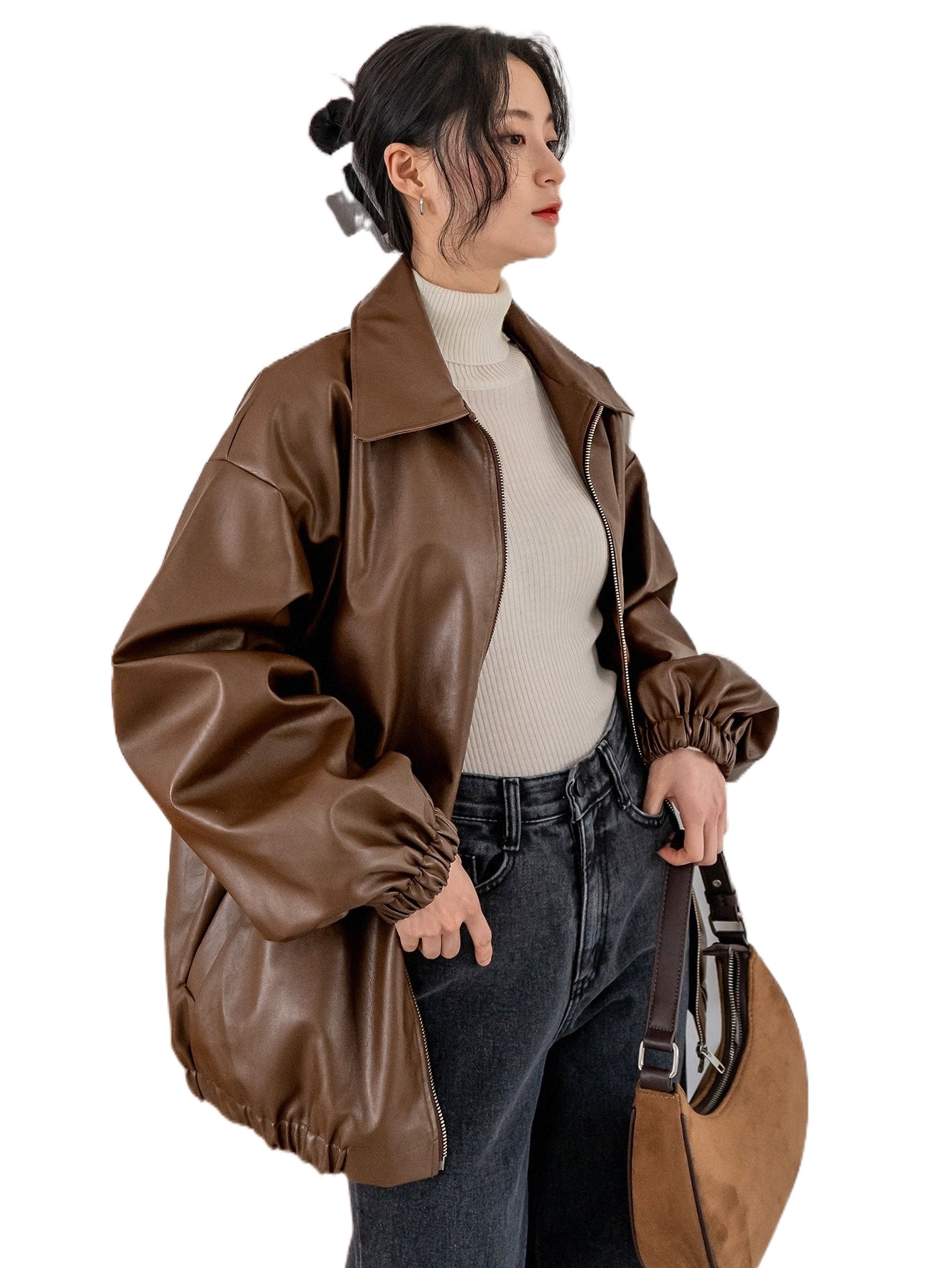 

dazy-less Drop Shoulder Slant Pockets PU Jacket 06Nt#, Coffee brown