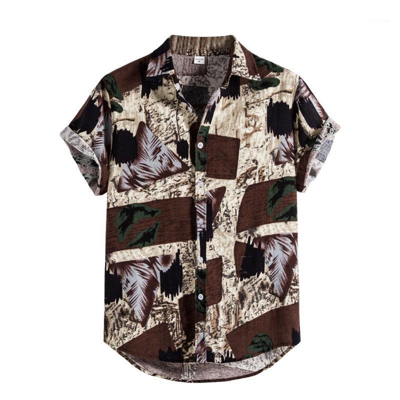 

Men's Casual Shirts Men Summer Hawaii Vintage Linen Short Sleeve Camicias Harajuku Splicing Single Breasted Blouses Stand-up Collar Kimono, Brown