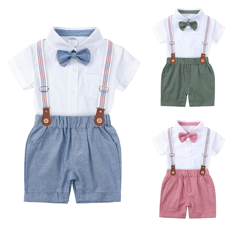 

Summer Toddler Baby Boys Gentleman Clothes Sets short Sleeve Romper Suspenders shorts 2Pcs Wedding Party Casual Outfits 3-24 Months, Blue