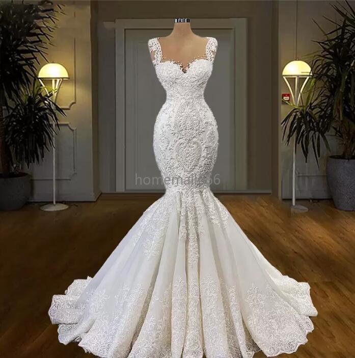 

Plus Size South African Mermaid Wedding Dresses Lace Beading Trumpet Ruffles Sweep Train Bridal Gowns Elegant vestidos de novia, White