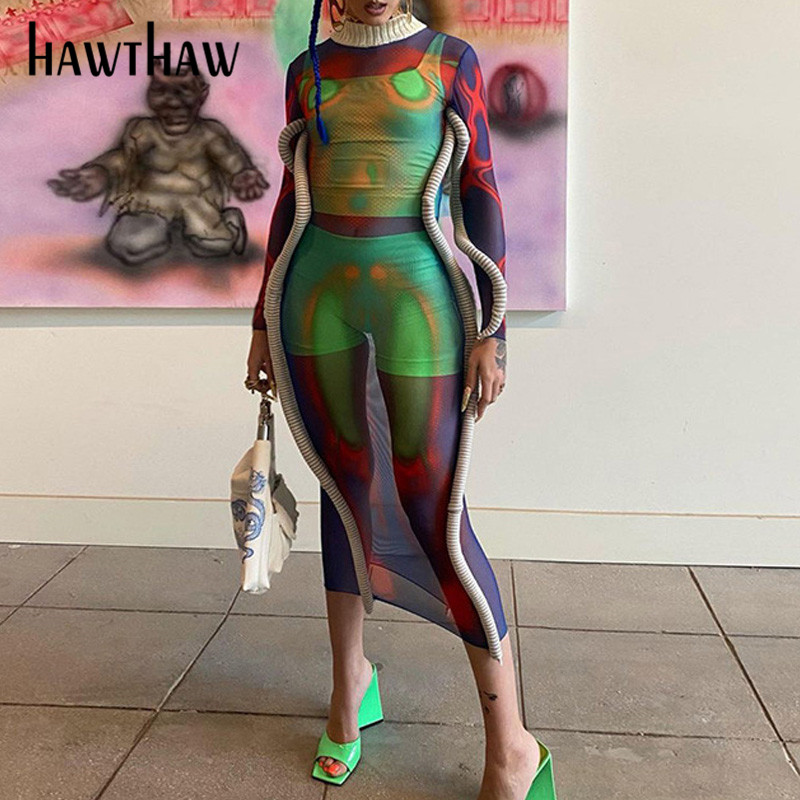 

Hawthaw Women Sexy Autumn Long Sleeve Printed Bodycon Mesh See Through Midi Dress 2021 Fall Clothes Wholesale Items Streetwear, Multi