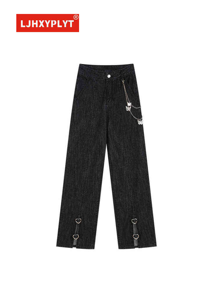 

Black Wide-leg Jeans Women' Spring And Summer New Simple Style High-waisted Slim Straight Love Slit Pants Female Denim Trousers T220728
