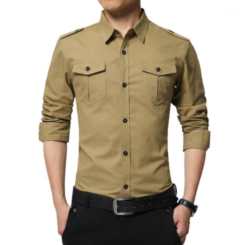 

Men's Casual Shirts Clothes 2022 Military Pure Cotton Long-Sleeved Double Pockets Solid Color Chemises Plus Size 5XL W2137, Army green