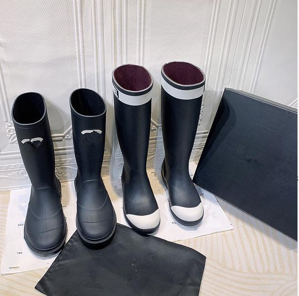 

Luxury Rubber Cropped Rain Boots And Shoe Women Vintage Classic Chunky Heel Rain Waterproof non-slip black white Boot Ladies Shoes
