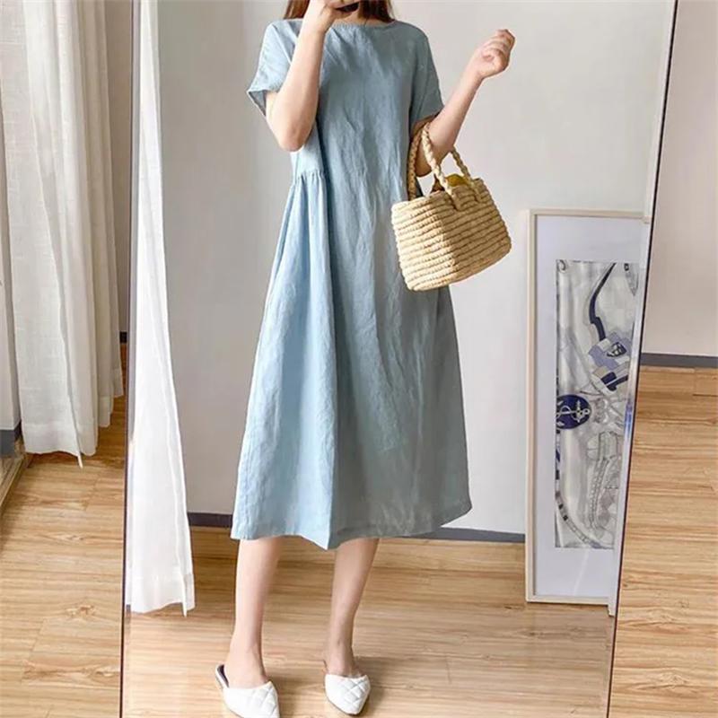 

Work Dresses High Quality Linen Cotton Women Dress Short Sleeve Loose And Thin Japanese Mid-Length Skirt Solid Color DressWork, Purple