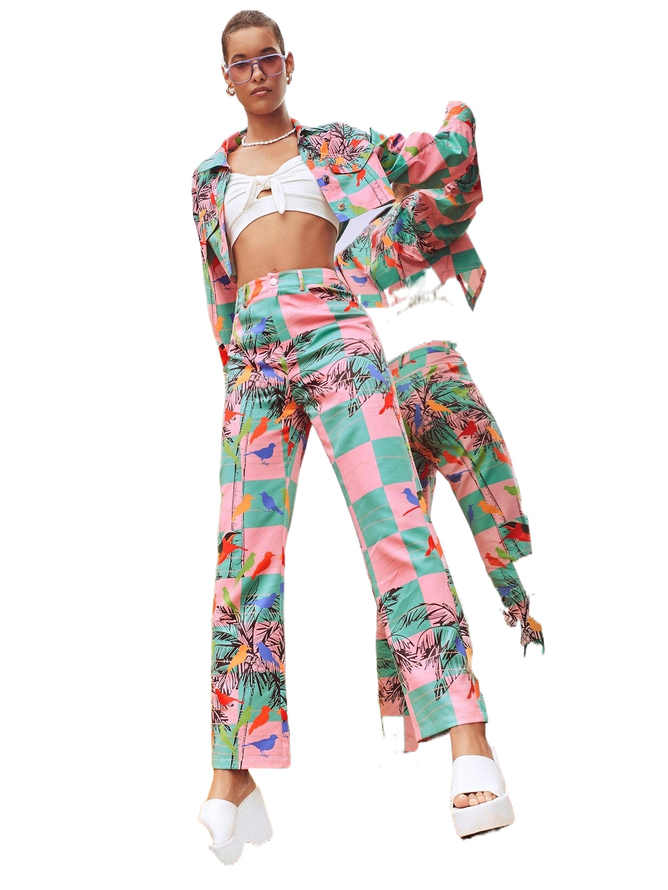 

x SHAQUITA GARCIA Plaid & Tropical Print Straight Leg Pants r6ud#, Multicolor