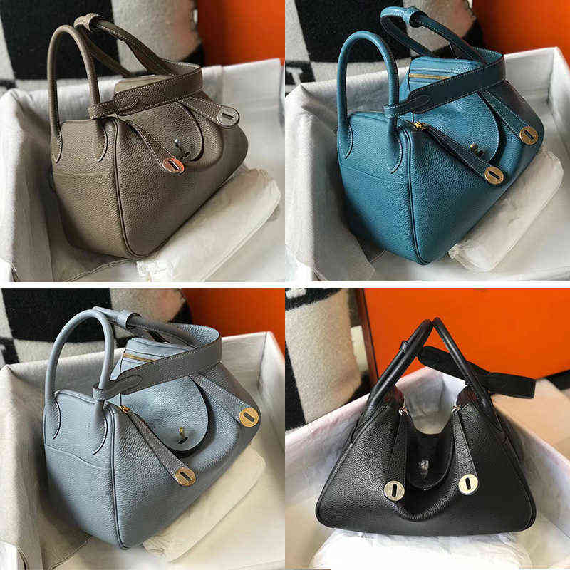 

Herme Handbags Handmade wax line custom Lindi 26 women's shoulder bag h TC cow leather litchi pattern Doctor Bag elephant grey square, Black