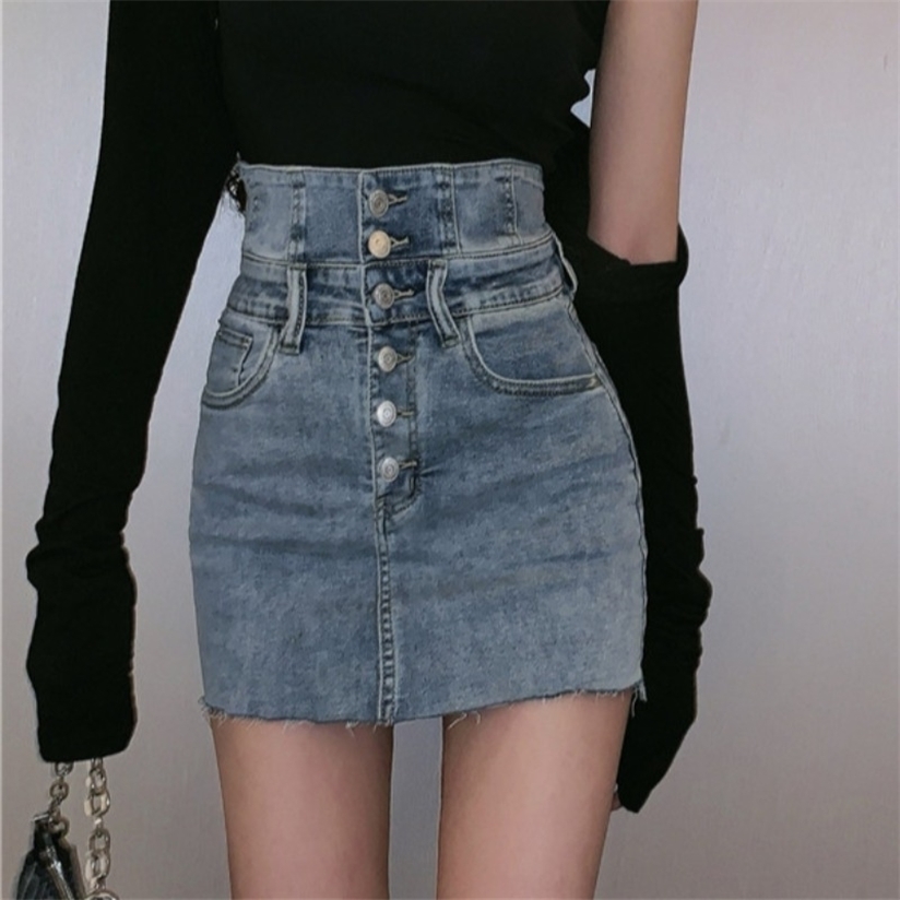 

Denim Skirt Female Design Sense High Waist Short Spring and Autumn Thin Package Hip Wild A-line 220322, Top