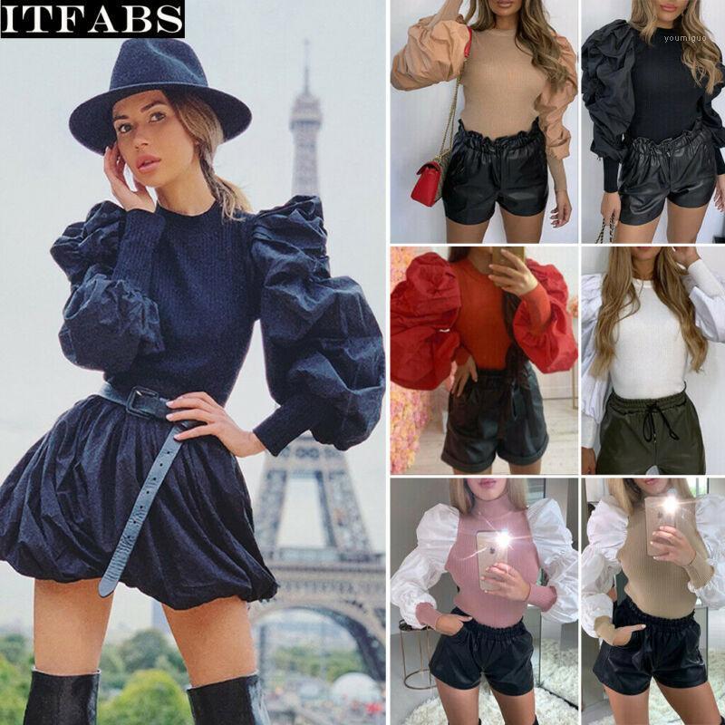 

Fashion Womens Puff Sleeve Jumper Casual High Round Blouse Women' Blouses & Shirts, Black