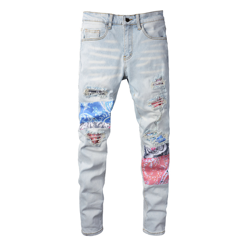 High street fashion jeans motorcycle fluctuating hole patch men's patchwork personalized design slim fit zipper leggings