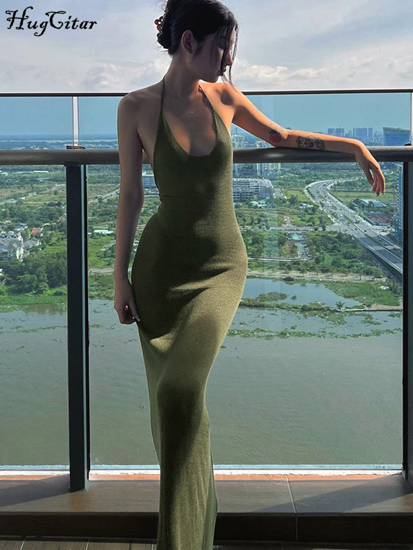 

Solid Halter Sleeveless Backless Slim Sexy Maxi Dress 2022 Spring Women Elegant Streetwear Party Y2K Clothing Concise, Army green
