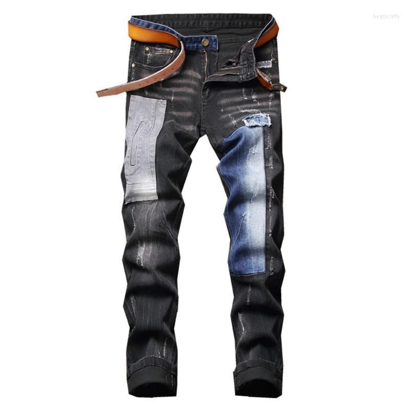 

Men's Jeans Men's Male Fashion Casual Patchwork Ripped Denim Mid Waist Slim Black Stretch Pants Trendy Patch Design Spliced TrousersMen'