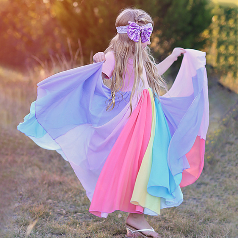 

Fashion Baby Girl Rainbow Dress Cotton Summer Long Girl Vestido Party Birthday Dress Patchwork Mesh Clothes 18 year 220614, Black 3