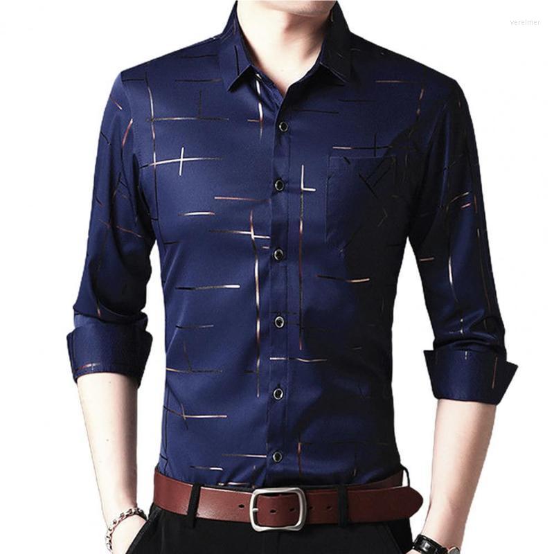 

Men's Dress Shirts Long Sleeve Turn Down Collar Stripes Single-breasted Business Shirt Top Men Clothing For Summer StreetwearMen's Vere22, Navy blue