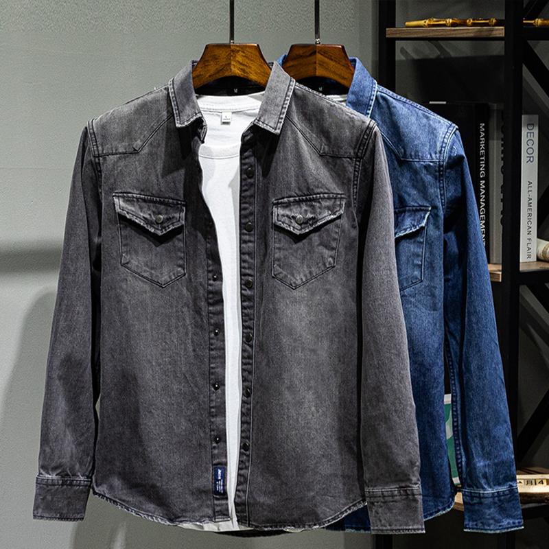 

Men's Casual Shirts Comfortable Pure Cotton Men Denim Shirt Water Washed Jeans Exquisite Cutting Designer Patchwork 2 Pockets, White;black