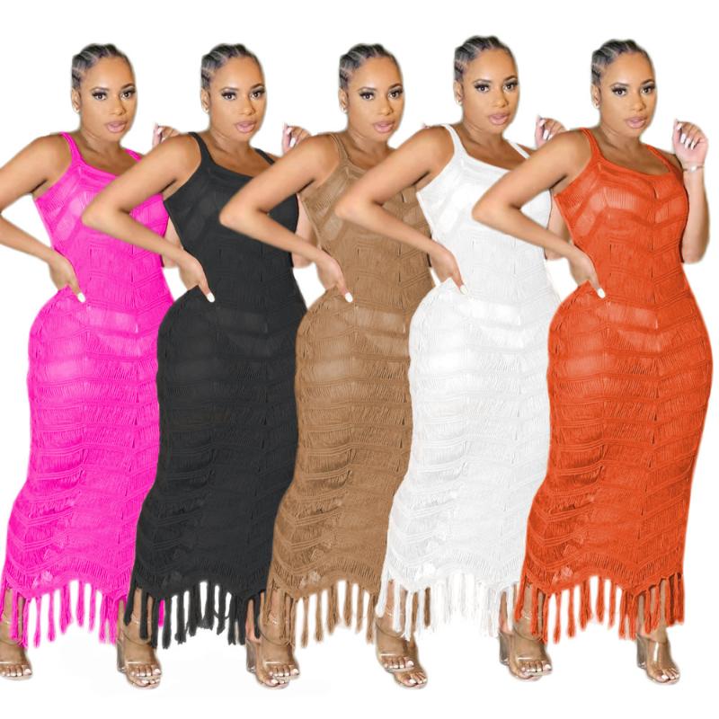 

Women' Swimwear Sexy Knitted Tassel Maxi Dress Women Hollow Out Bikini Beach Cover-ups VestidosWomen, Khaki