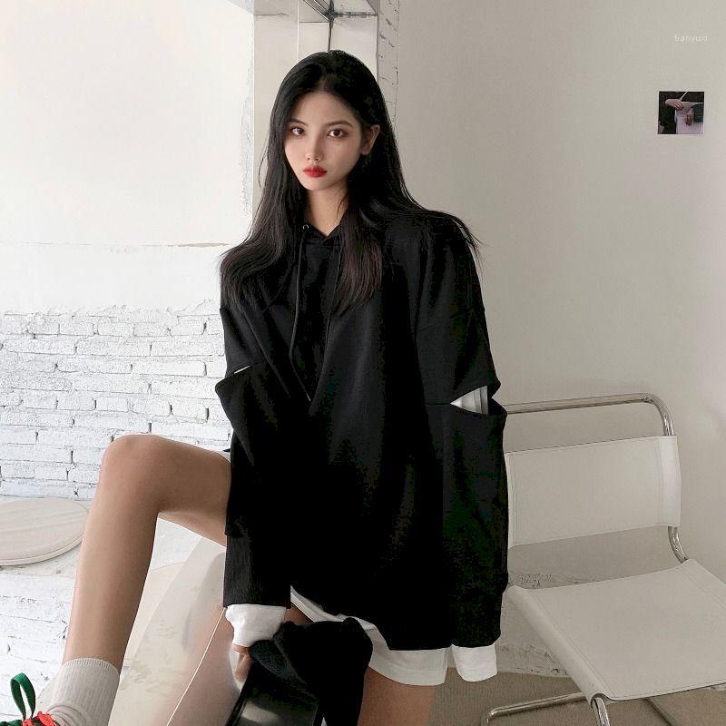 

Autumn And Winter Fake Two-piece Hoodies Loose Korean Style Japanese Streetwear Women Fashion Tops Clothes Goth Vintage Women's & Sweatshirt, Black