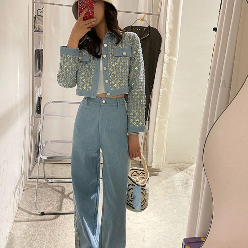 

Women's Two Piece Pants High Quality Small Fragrance Wind Spring Tweed Set Women Crop Jackets Coat Suits Vintage Sequin 2 SetWomen's, Photo color