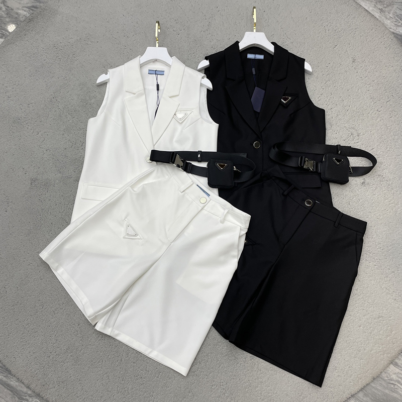 

Summer Blazers Shorts Tracksuits Fashion Belt Ornament Coats Shorts Women Personality Designer Two Pieces Set Clothing, Black