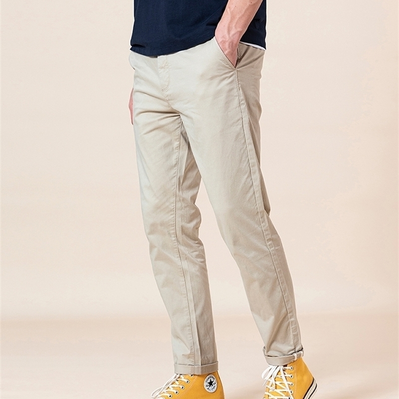 

SIMWOO Spring Summer Slim Fit Tapered Pants Men Enzyme Washed Classical Chinos Basic Plus Size Trousers SJ150482 201109, Beige