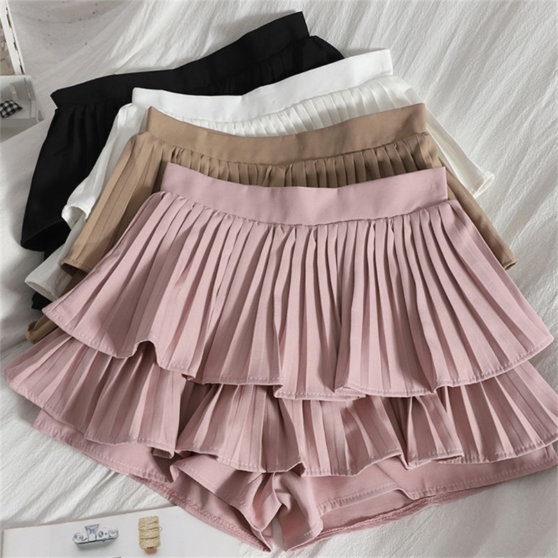 

Summer Shorts Skirts Women Sweat Fashion All-match Shorts High Waist Slim Ruched Cake Mini Skirts Wide Leg Shorts Lady 220419, Khaki