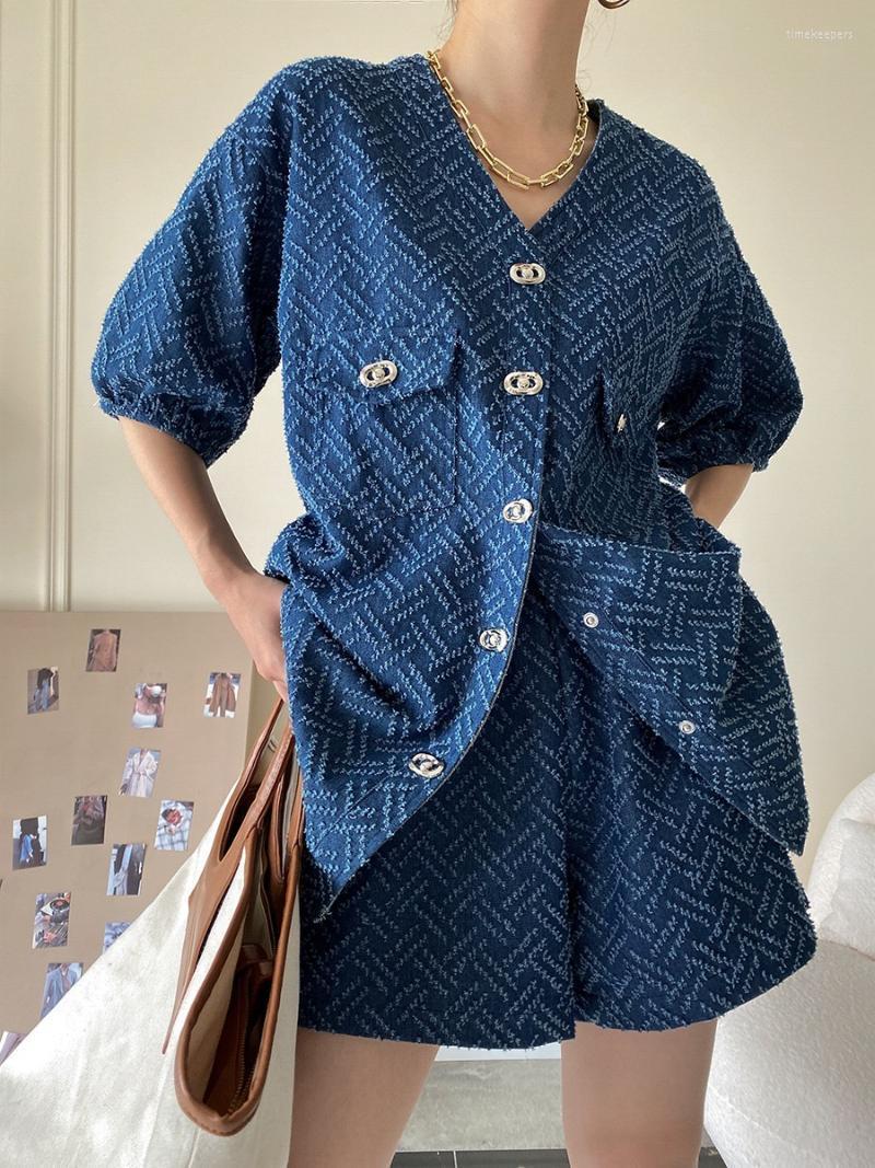 

Women's Knits & Tees Designer Denim Pants Two Piece Set Soft Cotton Blends Urban Retro Style Spring Vintage Jacket Short Plus SizeWomen's Ti, Blue