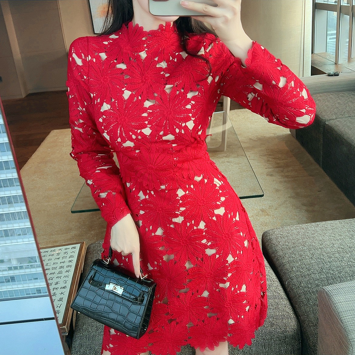 

Red Lace Bodycon Dress Women Long-sleeve Stand Neck Mini Dress Woman Clothing Party Hollow Out Runway Design Vestido 2022, Same as picture