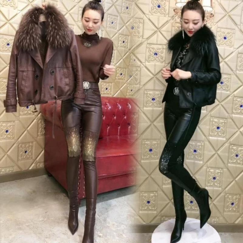 

Women's Two Piece Pants 2022 Woman Spring Autumn PU Faux Leather Outfits Female Double-Breasted Matching Sets Ladies Top And Set Q153, Black