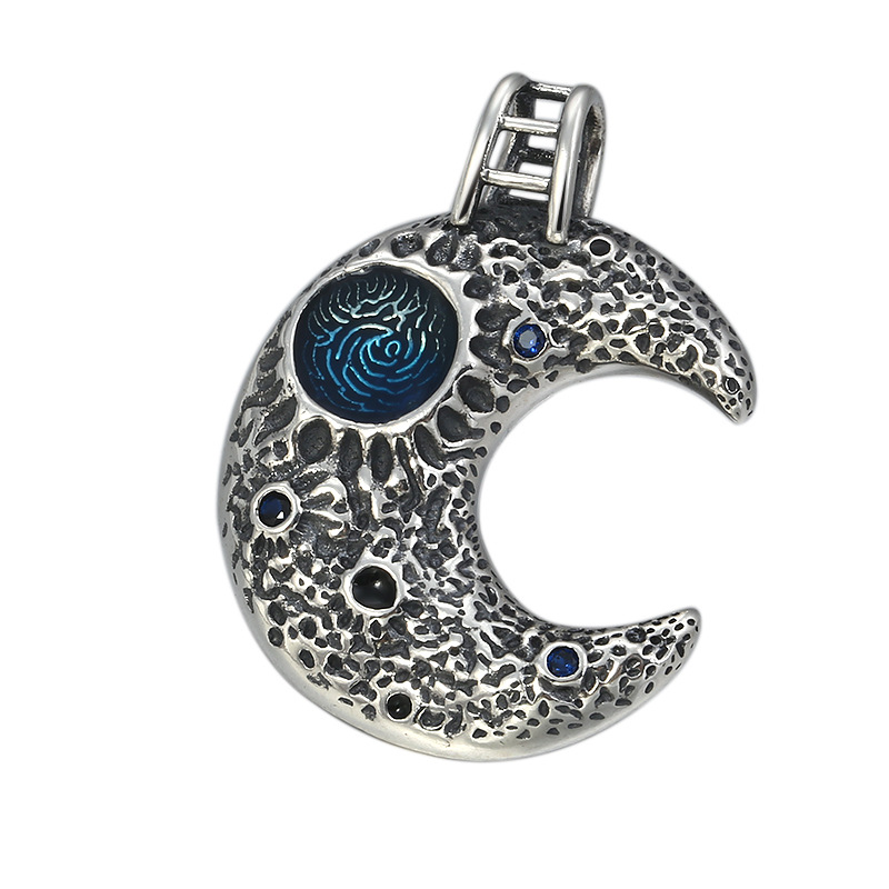925 sterling silver moon pendant necklaces American European vintage handmade antique punk gothic hip-hop luxury jewelry accessories-image-759552024