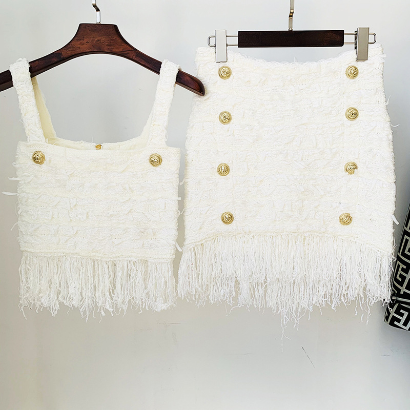 44 2022 Summer Brand Same Style Two Pieces Sets High Quality Button Sleeveless Blue White Fashion Womens Clothes oulaidi