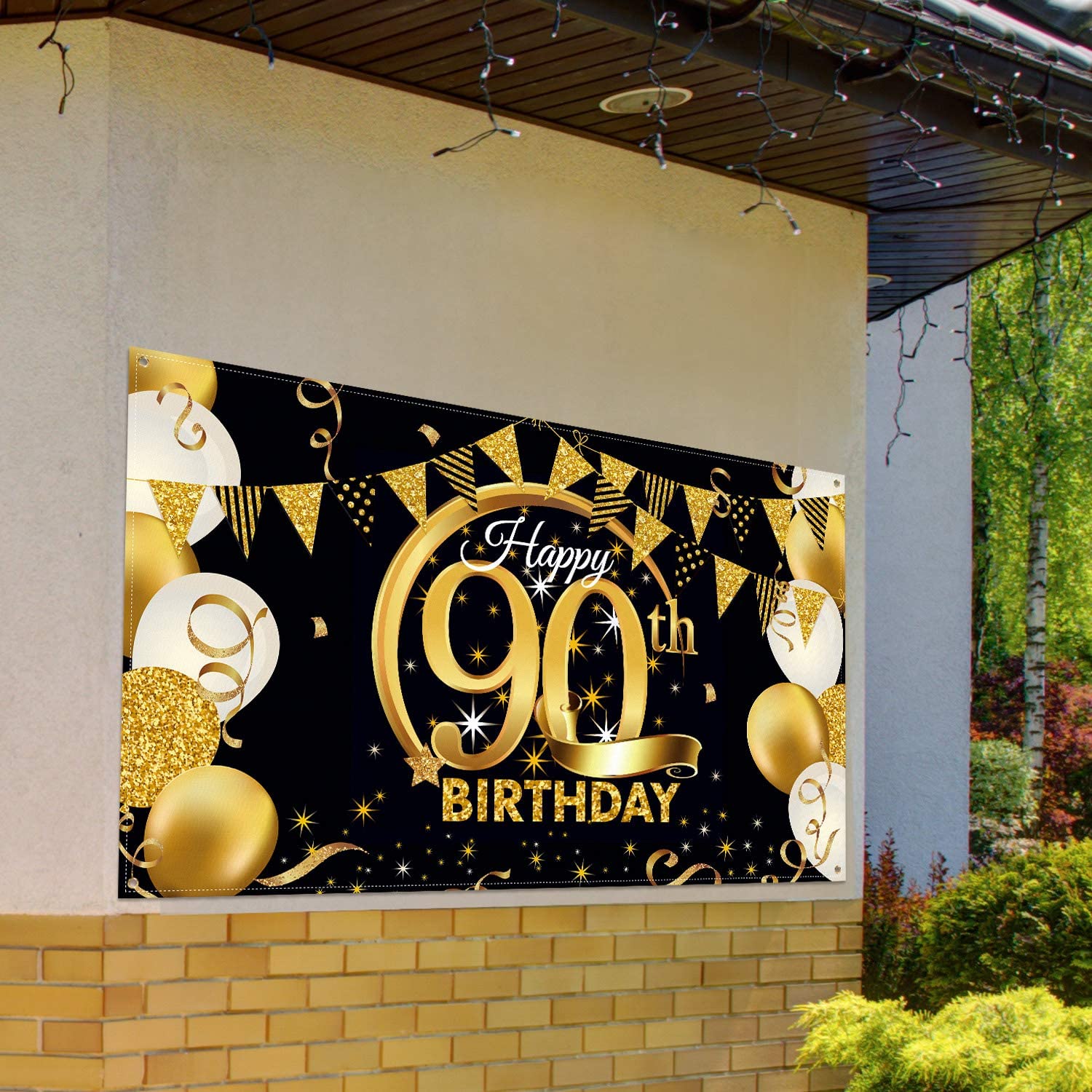 

90th Birthday Party Decoration Extra Large Fabric Black Gold Sign Poster for Anniversary Background Banner Birthday Party, As described