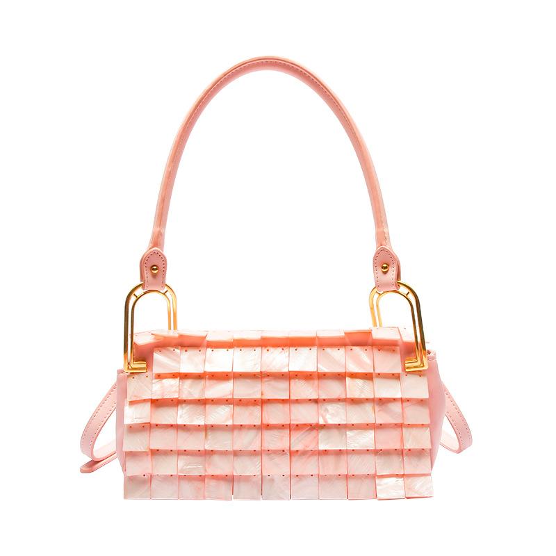 

Evening Bags 2022 Fashion Shell Shrimp Chip Sequin Hand-woven Handbag Suture Leather Paste Underarm Square Patchwork Dinner Woman Bag, Pink