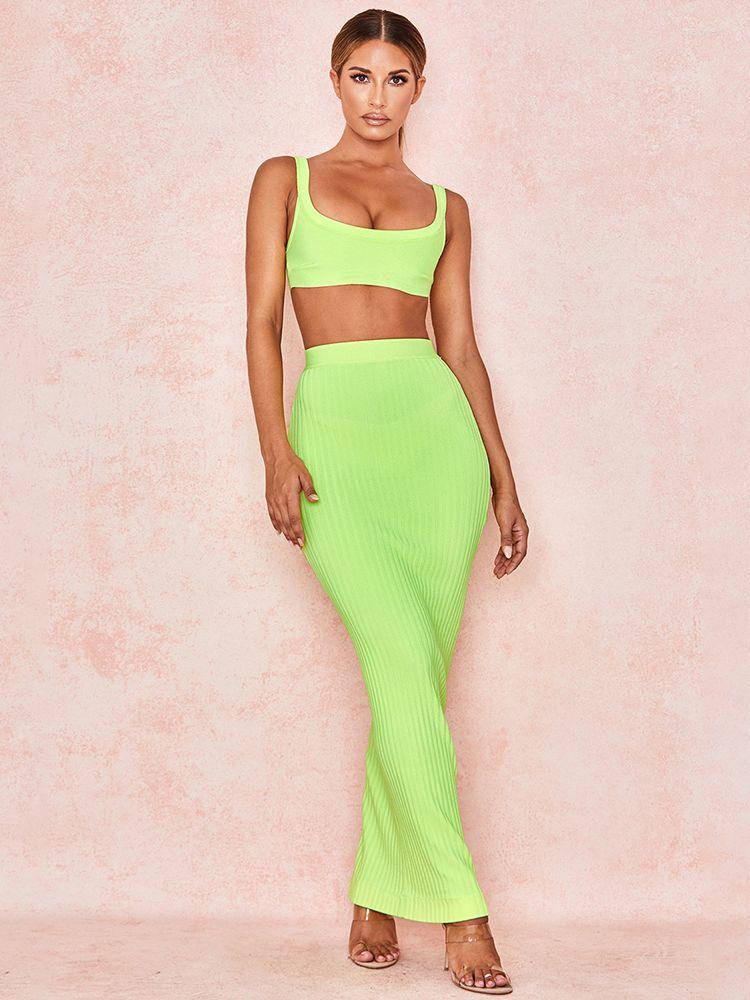 

Work Dresses 2022 Arrival 2 Piece Set Women Long Vertical Stripe Ankle Length Stretchy Skirt & Top Green Pink OrangeWork, Black