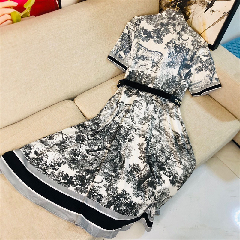 

Women Casual Long Dresses With Classical Tiger Prints Short Sleeve With Belt Waistband Commuter A-Line Skirt Round Collar Pocket Work Dress Black and White, Extra shipping cost
