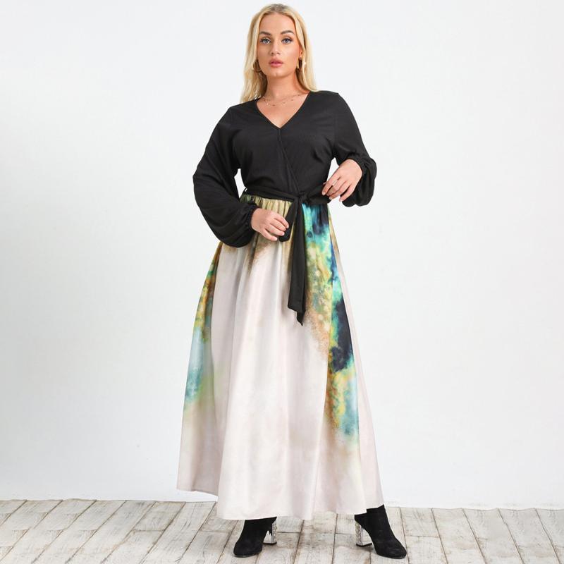

Plus Size Dresses Autumn Black Vintage Dress V-neck Lace-up Elegant Fashion Long Sleeve Midi Drsses Print Retro Women's ClothingPlus
