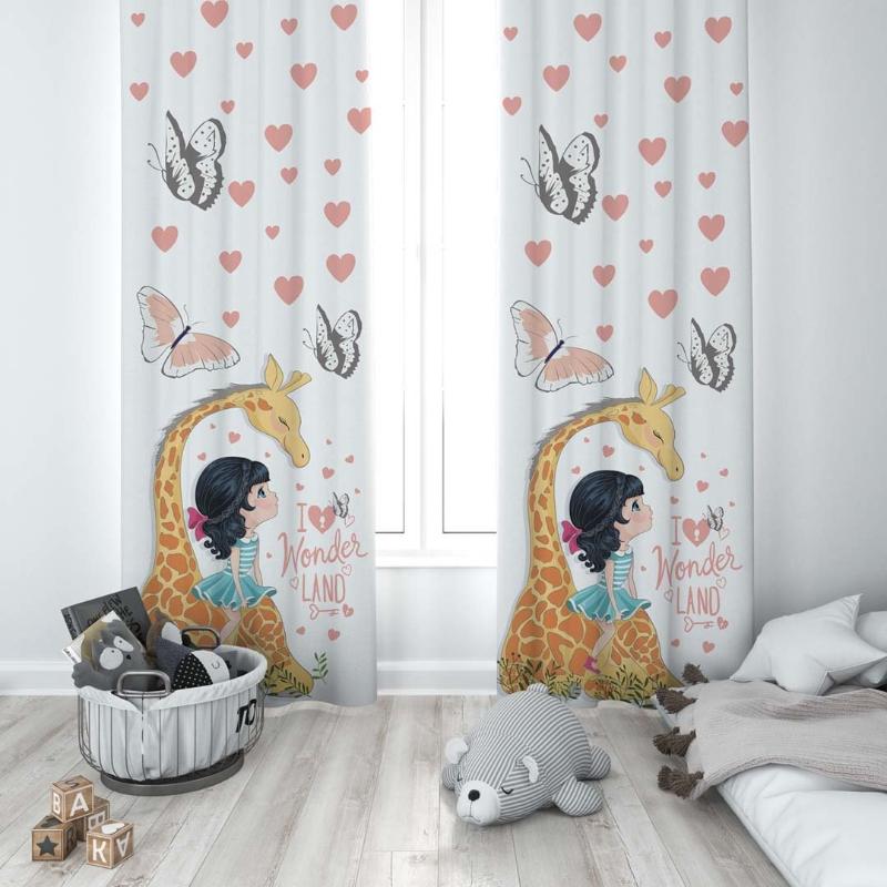 

Curtain & Drapes Cute Heart Butterfly Little Girl And Giraffe Friend Baby Kids Room Special Design Canopy Hook Button Blackout, 65x135 cm ( 1 pcs)