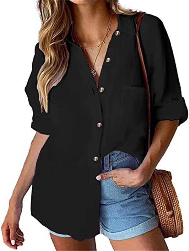 

Women's Tops & Tees cotton buttoned casual long sleeve loose collar linen work shirt with pocket, Photo color