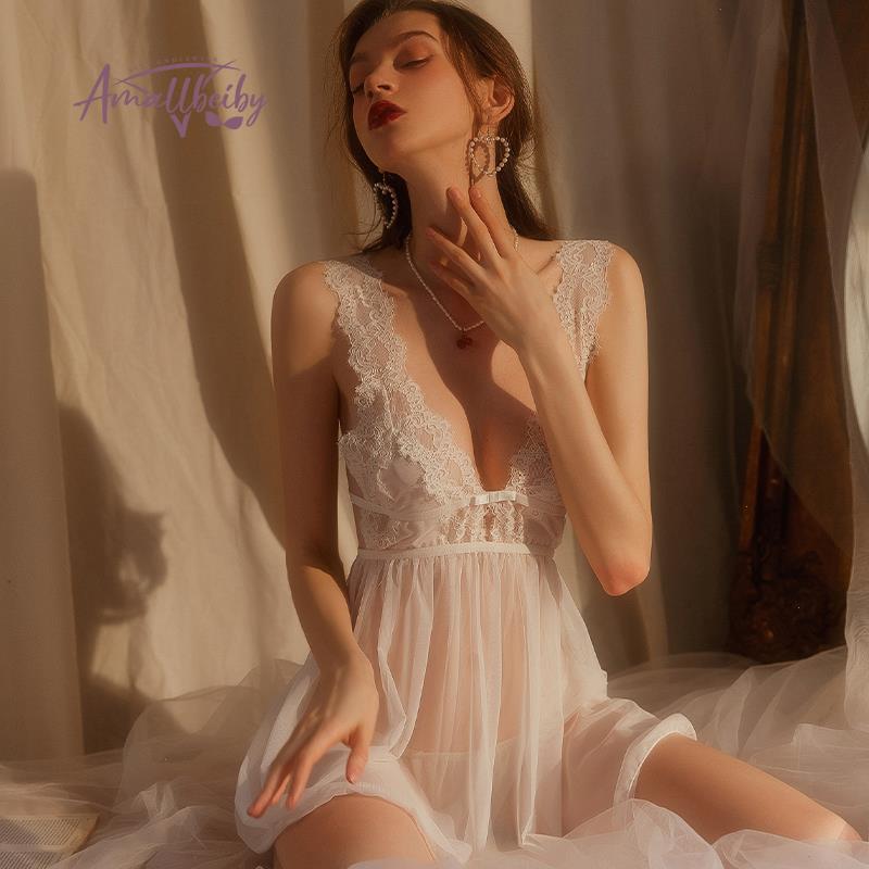 

5 Colors Mesh Womens Sleepwear Sling Nightdress Lace Emotional Lingerie Sexy Nightwear Female Temptation Nighties For Women Sleeping Dress, Beige