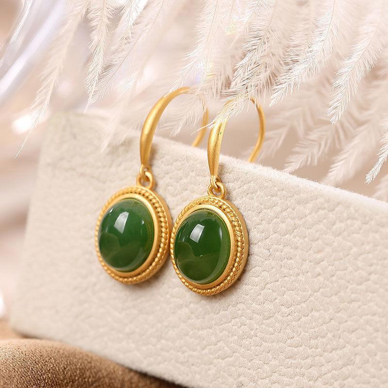 

Dangle & Chandelier Autumn Style Ancient Gold Craft Natural Hetian Jade Green Oval Earrings Exquisite Luxury Ladies Silver JewelryDangle