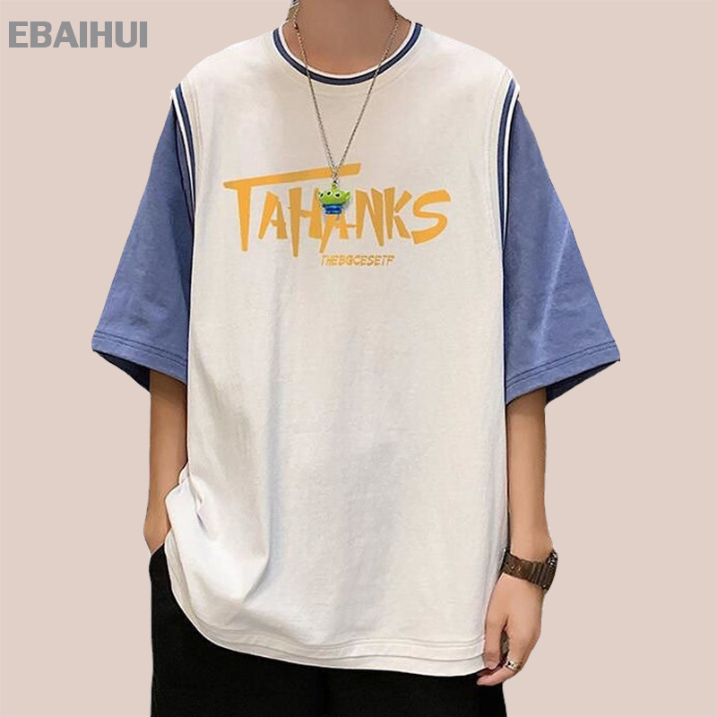 

E-BAIHUI Men's T-shirt Fake Two-piece Stitching Printed Round Neck Short-sleeved Cotton Loose Couple's Top Casual Sports Style, White