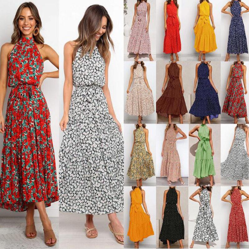 

Casual Dresses Color Halter Polka Dot Print Lace Up Beach Summer Long Sundress Floral Shirt Chiffon Flower Elegant Yellow DressCasual, Black